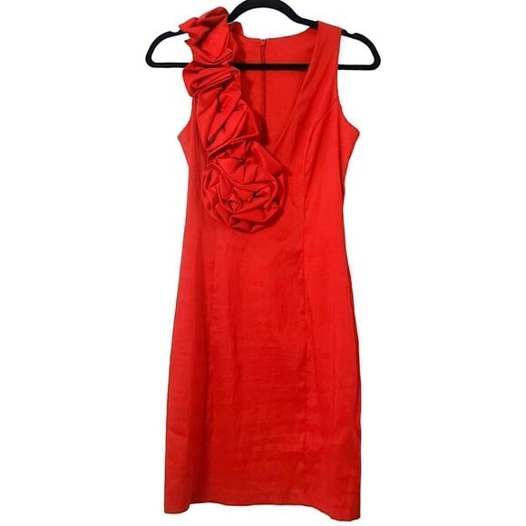 VTG CACHE Rosette Cocktail Dress Size 6 Red Stretchy 3D V-Neck Sleeveless Womens - Picture 1 of 11